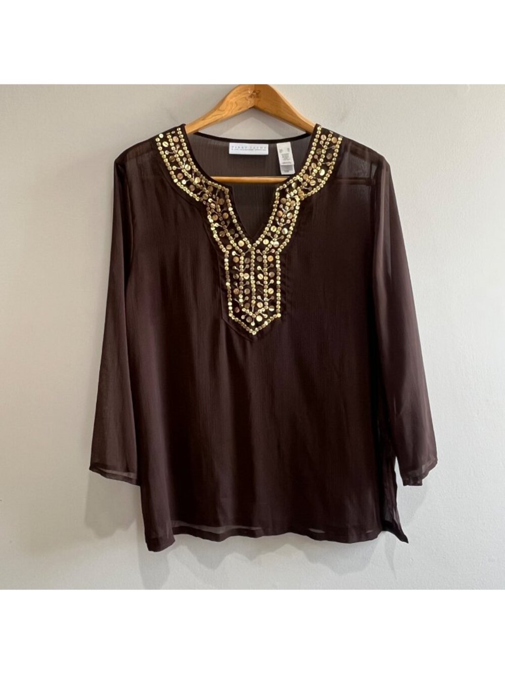 Liz Claiborne Sheer Embellished Tunic Blouse Womens XL Brown Gold Boho